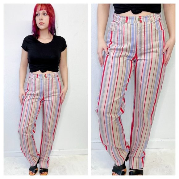 Vintage Denim - Vintage Y2K 2000s Striped High Waist Mom Jeans Size 10 Maximalist Boho Indie